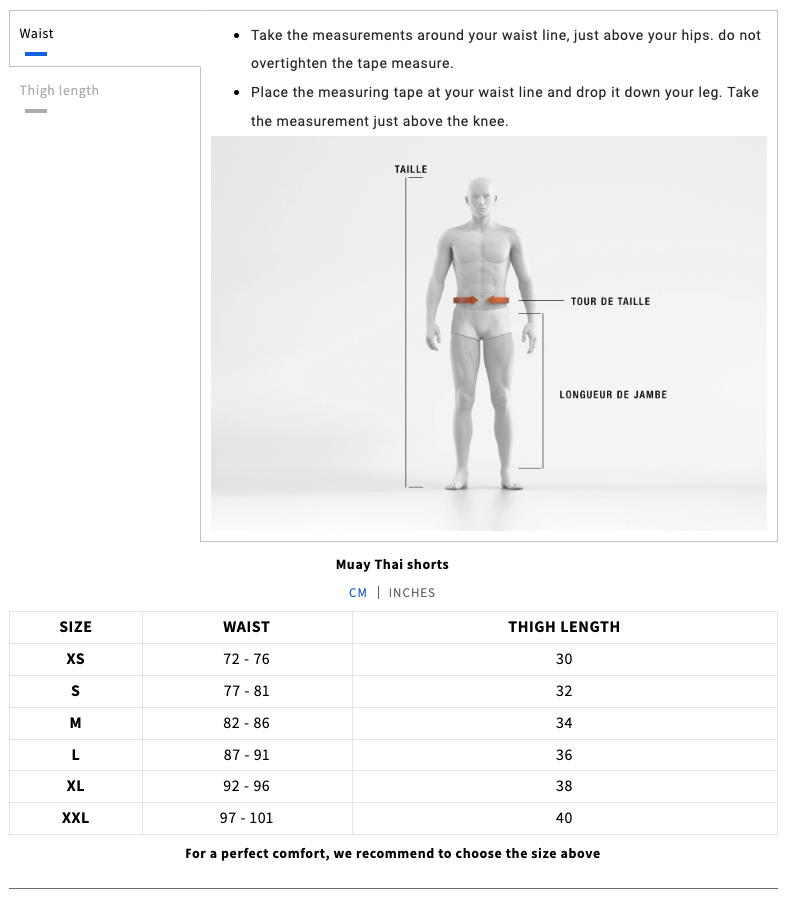 Størrelseguide Muay Thai shorts