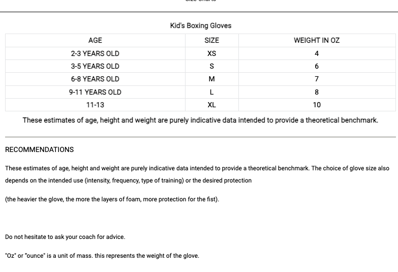 Strrelseguide for boksehansker barn